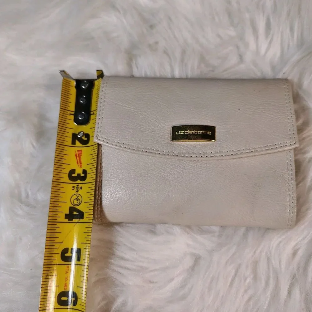 Beige Tri Fold Faux Leather Liz Claiborne Wallet Gold Hardware VTG